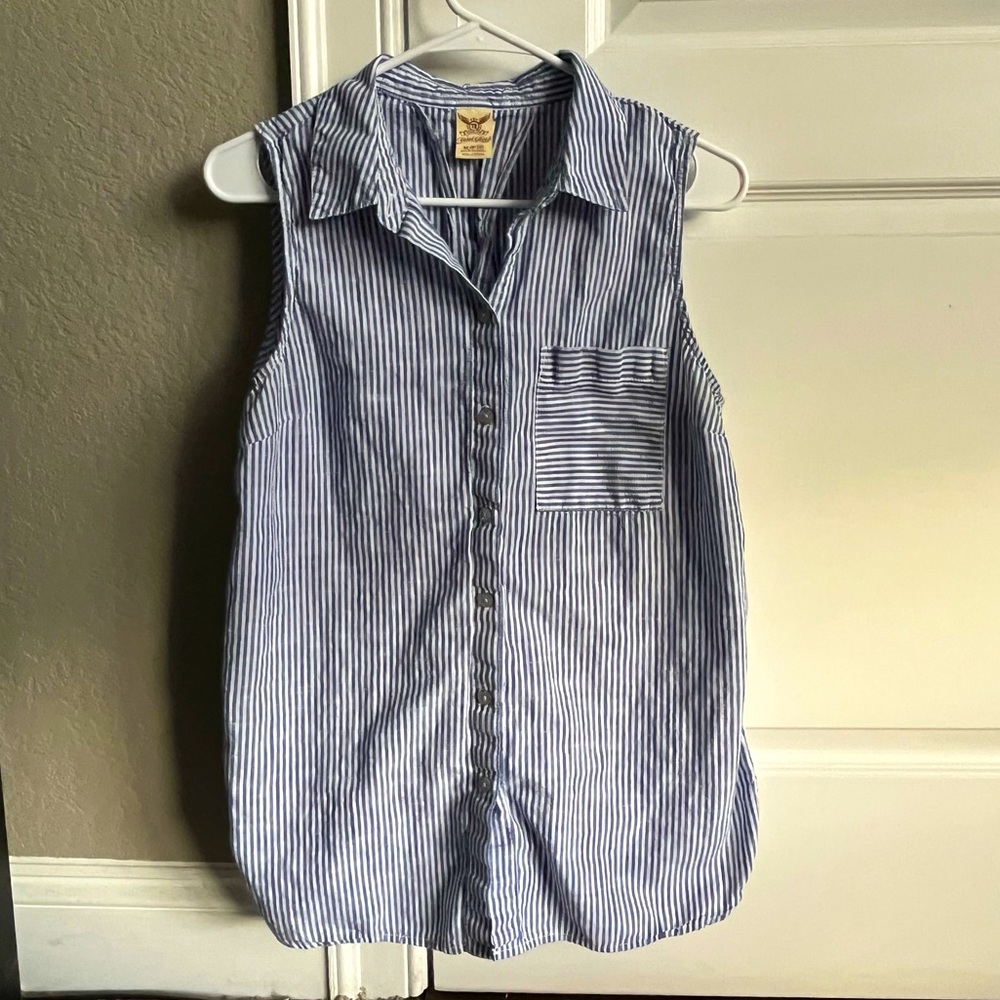 Blue Striped Sleeveless Button Tank